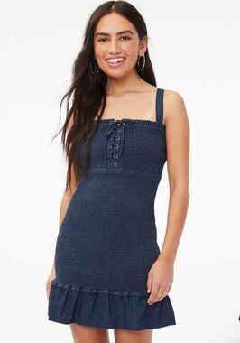 Aeropostale Denim Dress Size S Smocked Bodycon Lace-up Straps Stretch Cotton